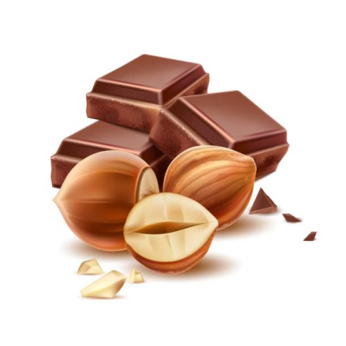 Realistic chocolate pieces with hazelnut. Premium cocoa chocolate with nuts package design. Vector cacao sweet dessert. Delicious natural product ad design.